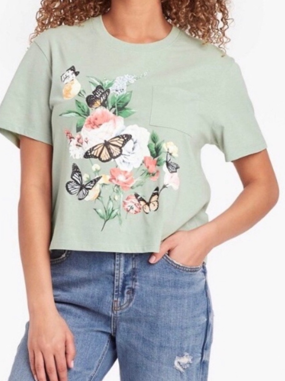 Zoe & Liv Butterfly Flowers Sage Green Cropped Graphic Print Tee Size XXL